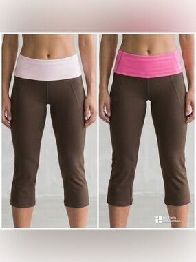 Lululemon Groove Crop Reversible Mesh Foldover Yoga Pants Brown Pink Size 6 EUC